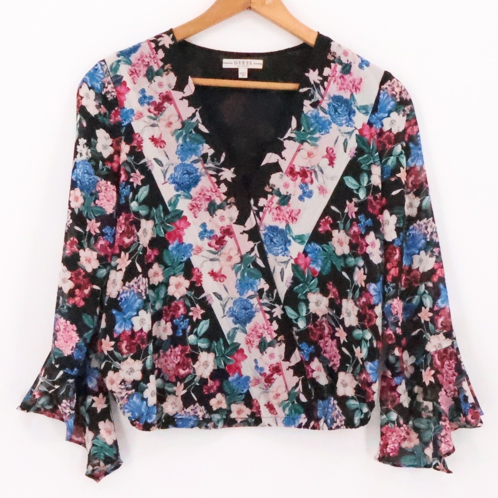 Guess Floral Flutter Bell Sleeve Top Womens Boho Romantic Business Casual Size M